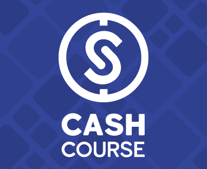 Logo with dollar sign inside of a circle positioned above the works CASH COURSE all in white on a dark blue background