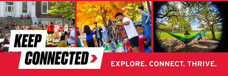 Banner with "Keep Connected" text over a collage of students outdoors, fixing a bike and in a hammock.