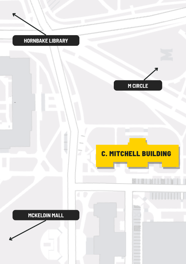 Map highlighting the Mitchell Building and its proximity to Hornbake Library, M Circle, and McKeldin Mall.