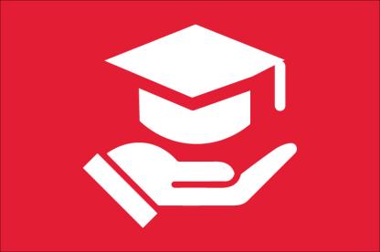 Icon of hand outstretch with a graduation cap floating above in white on red background