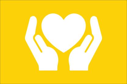 icon of hands reaching up and holding a heart in between them, in white on a gold background