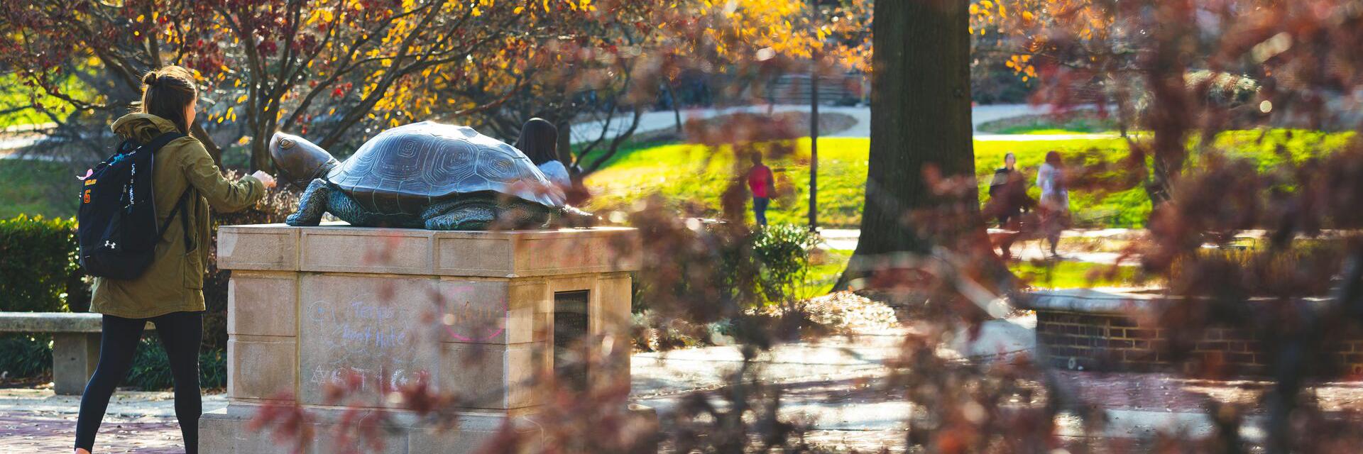 Testudo statue in fall with female student walking by