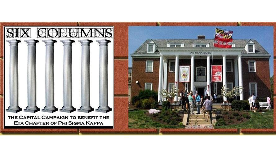 Six Columns Logo next to Picture of the Six Columns on campus