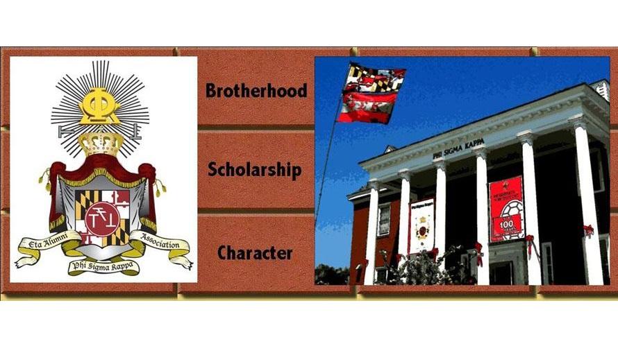 Combination image of the crest of the phi sigma kappa frat on the left, with the words "Brotherhood", "Scholarship", and "Character" down the middle, and a picture of the phi sigma kappa house on the right 