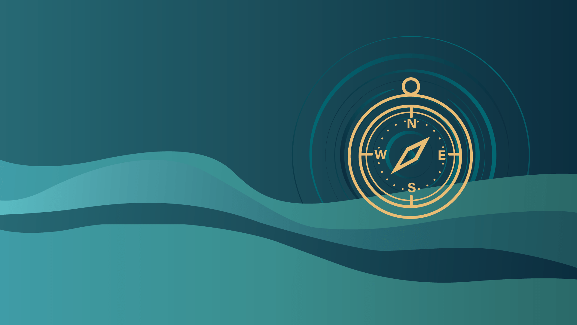 A gold colored compass on a wavy blue and green background
