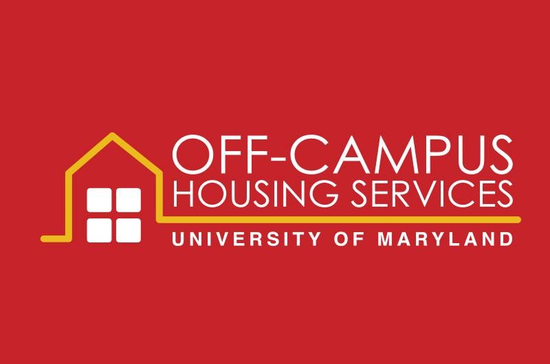 Red background with the words Off-Campus Housing Services University of Maryland in white letter and an abstract image of a house