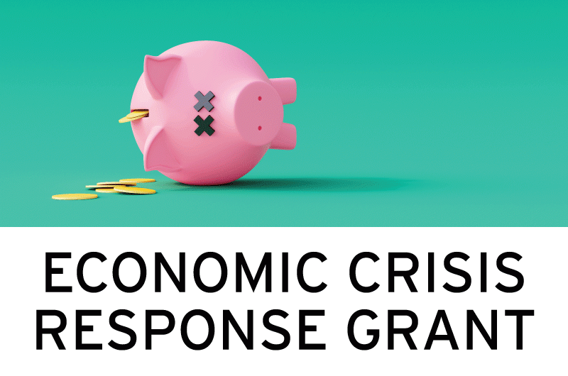 Image of pink piggy back laying on its side with gold coins falling out and the words Economic Crisis Response Grant