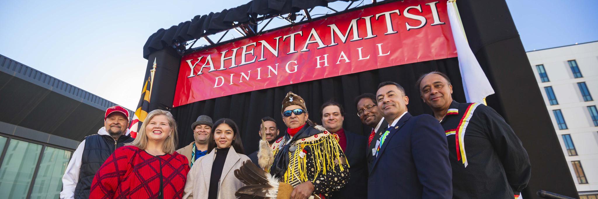 Members of the Piscataway tribe gather for a Land Blessing at the opening of Yahentamitsi Dining Hall