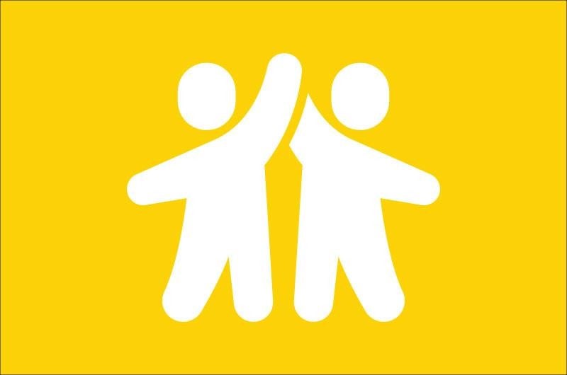 Icon of two people giving high fives in white on gold background