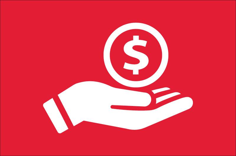 Icon of a hand outstretched with a money symbol hovering over the hand in white on a red background