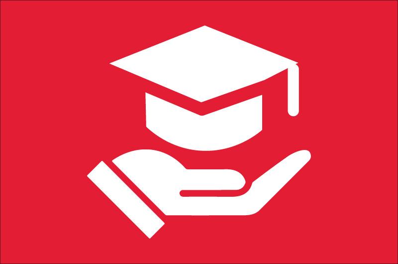 Icon of hand outstretch with a graduation cap floating above in white on red background