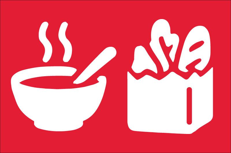Icon images of a warm bowl of soup and a bag of groceries