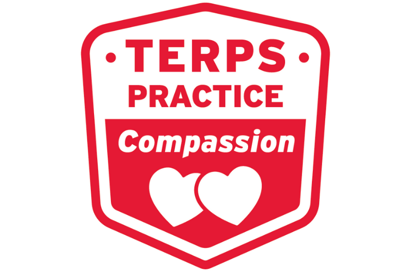 Terps Practice Compassion text on red and white badge.
