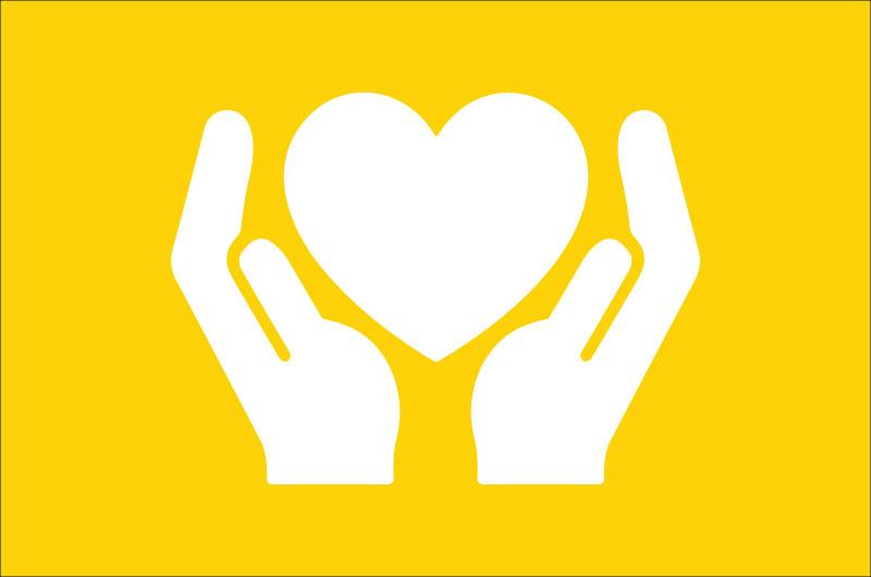 icon of hands reaching up and holding a heart in between them, in white on a gold background